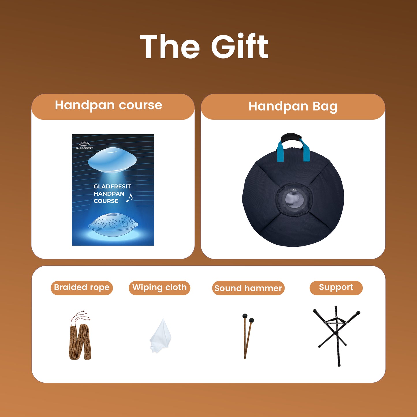 GLADFRESIT Master Series handpan,Gold, 440Hz, 22 inches, 10 notes, D minor Kurd, with backpack, stand, course, cleaning cloth, tuning blow, and woven rope. (Master Series Gold)