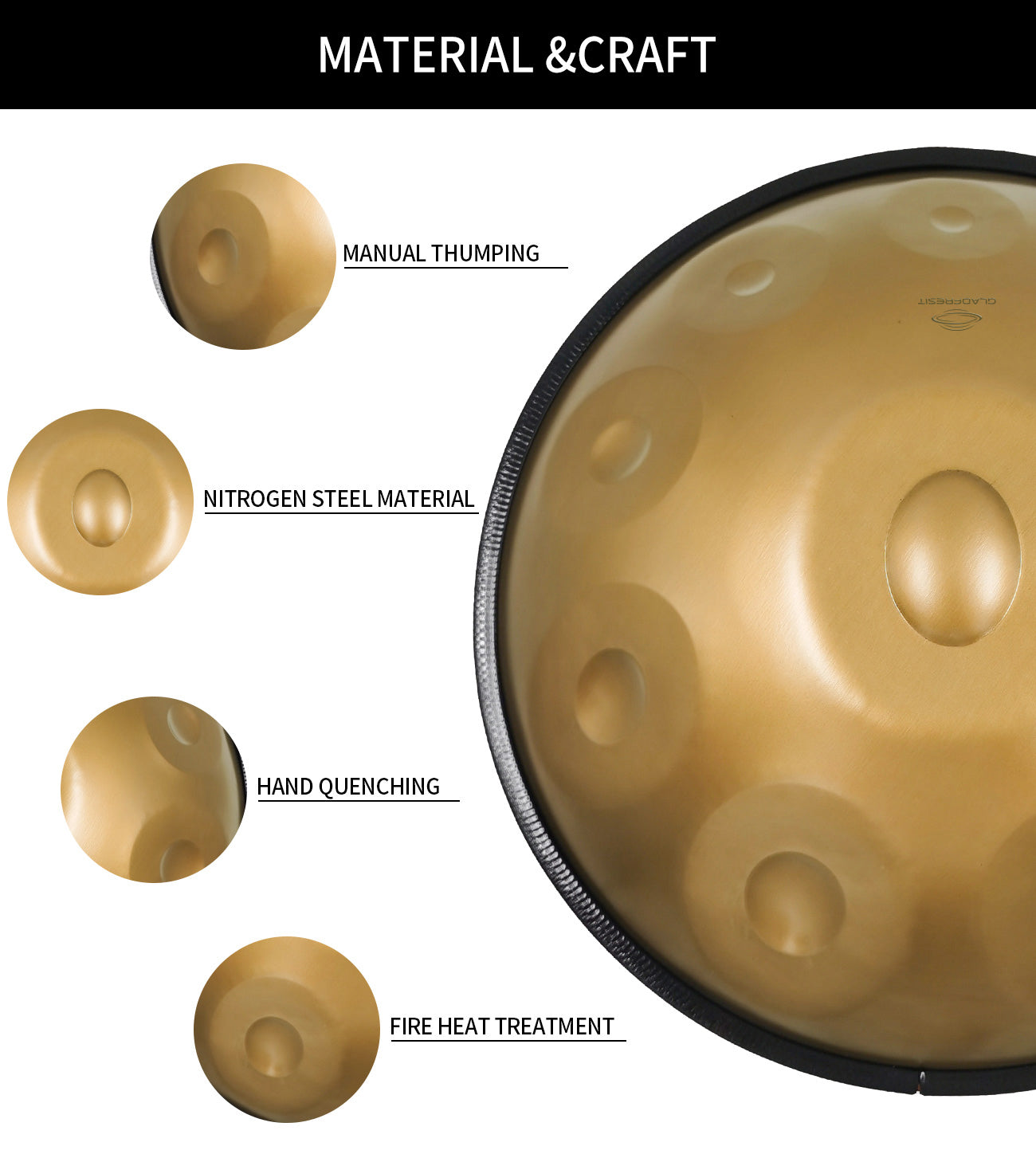 GLADFRESIT Handpan Glod 10 Töne D-Moll 22 Zoll mit Zubehör