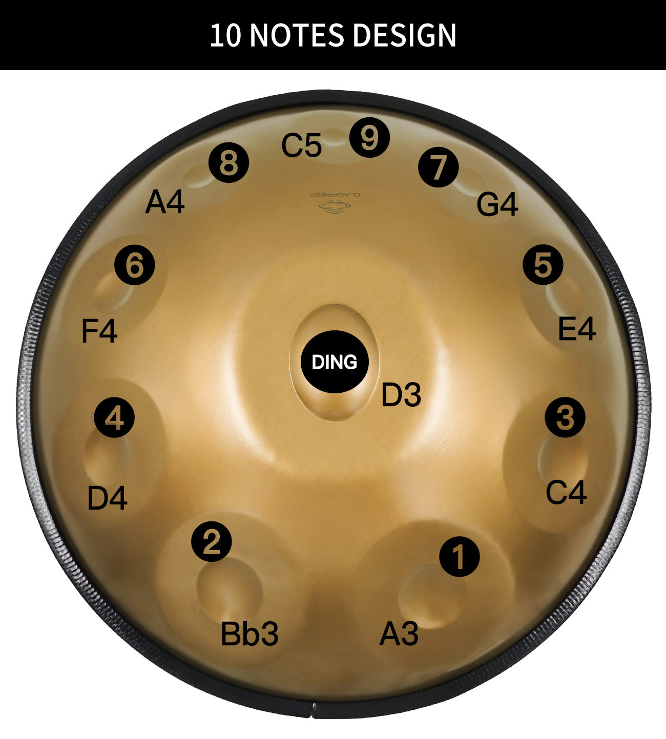GLADFRESIT Handpan Glod 10 Töne D-Moll 22 Zoll mit Zubehör
