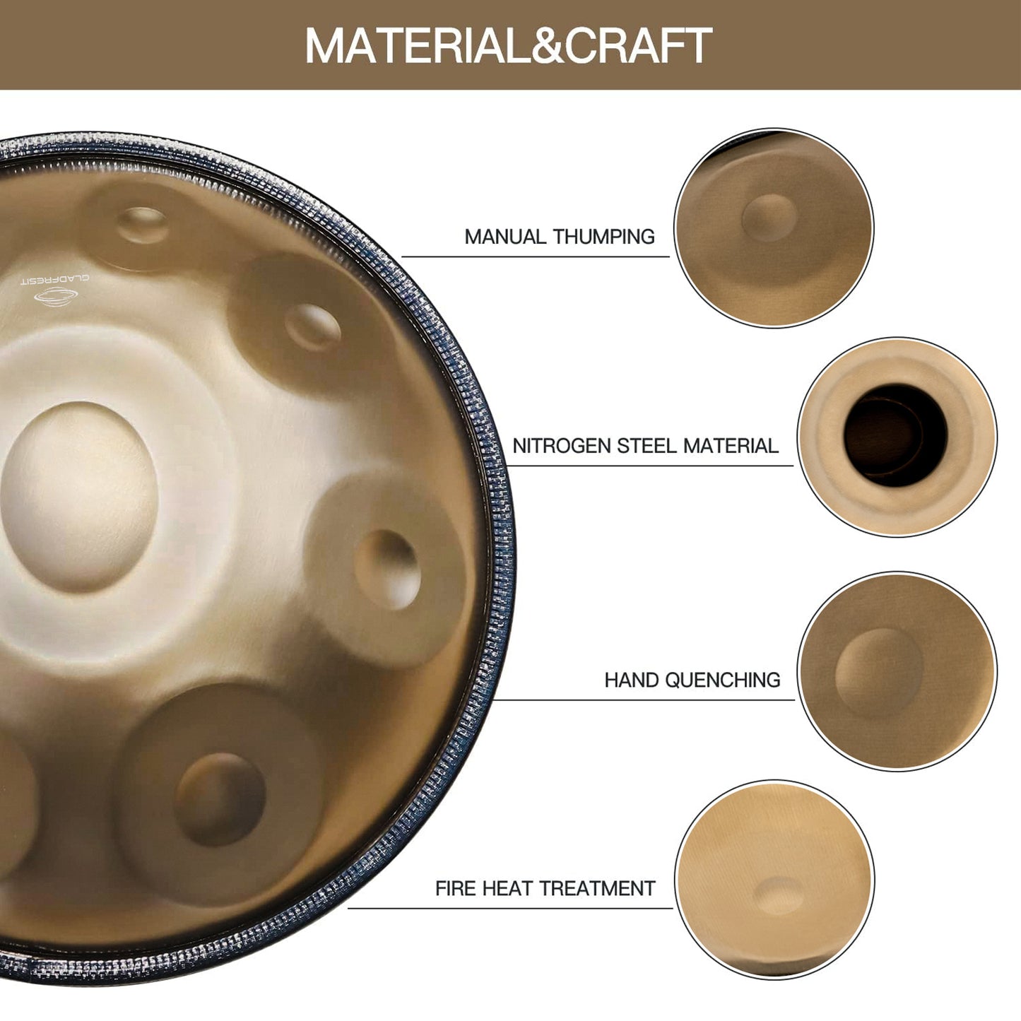 GLADFRESIT Mini Handpan Gold 9 Notes G Minor 18 Inches with Accessories