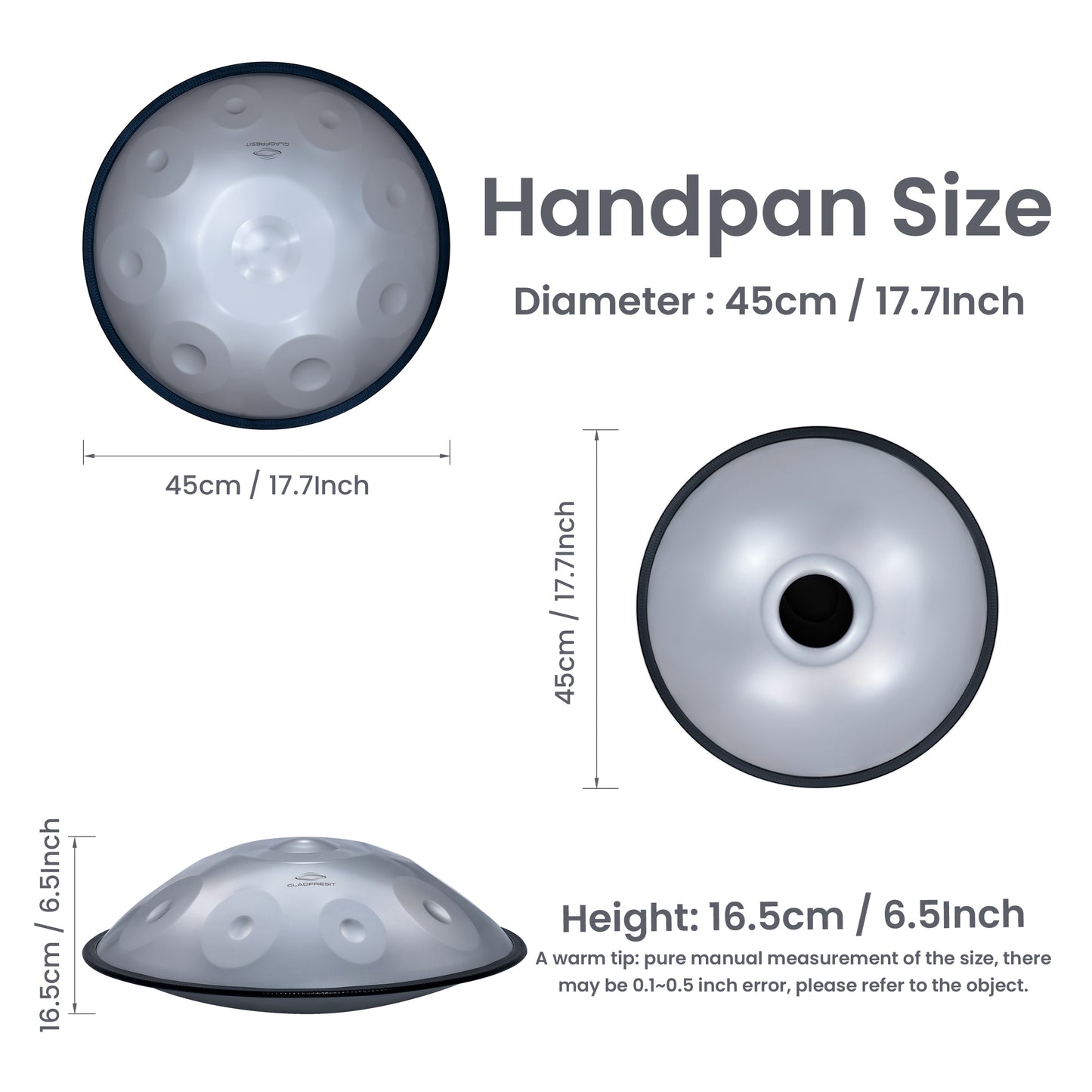 GLADFRESIT Mini Handpan Silver 9 Notes G Minor 18 Inches with Accessories