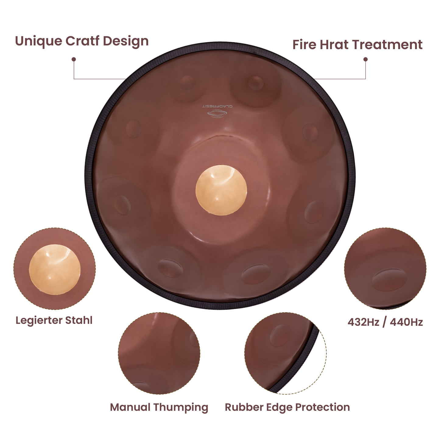 GLADFRESIT Mini Handpan Magenta 9 Notes G Minor 18 Inches with Accessories