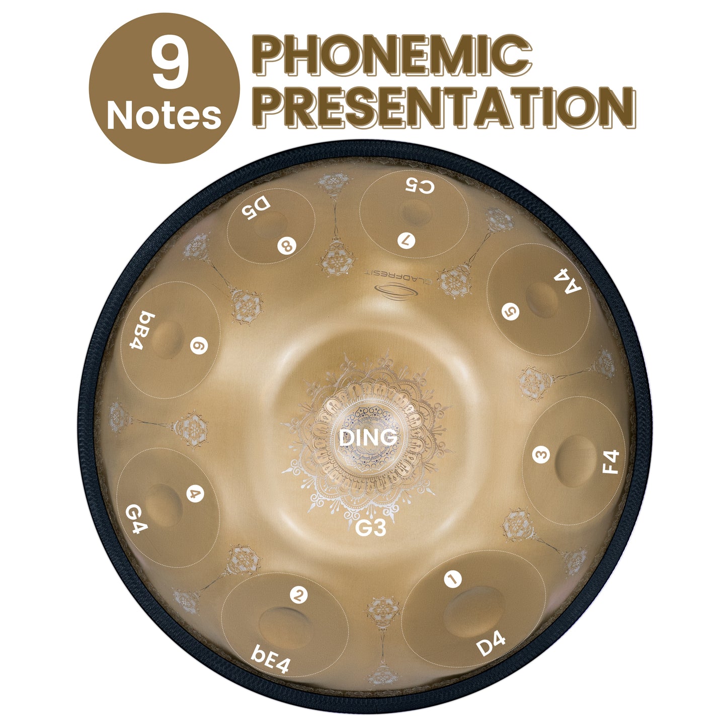 GLADFRESIT Mini Handpan Mandala Gold 9 Notes G Minor 18 Inches with Accessories