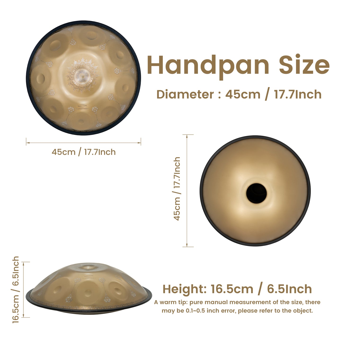 GLADFRESIT Mini Handpan Mandala Gold 9 Notes G Minor 18 Inches with Accessories