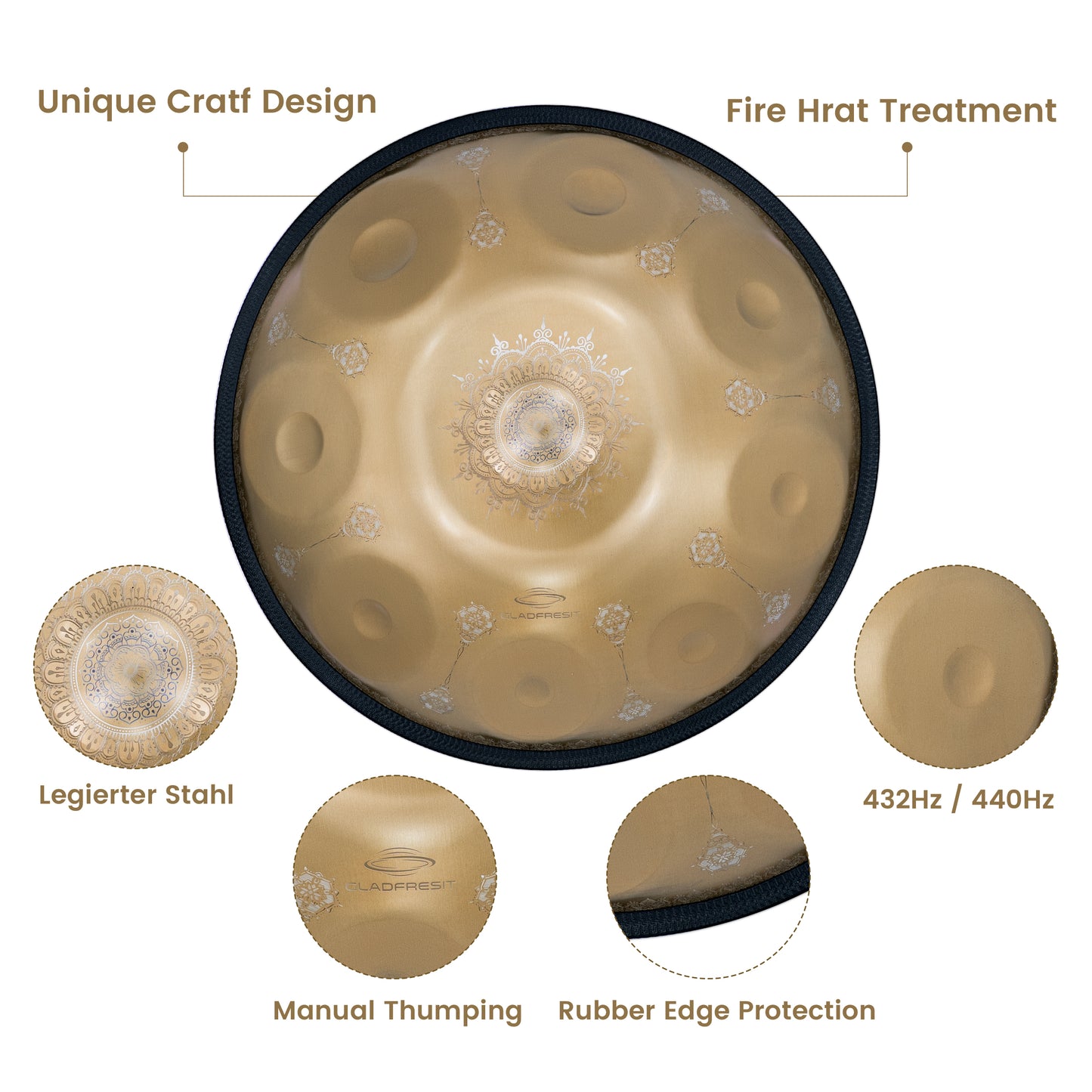 GLADFRESIT Mini Handpan Mandala Gold 9 Notes G Minor 18 Inches with Accessories