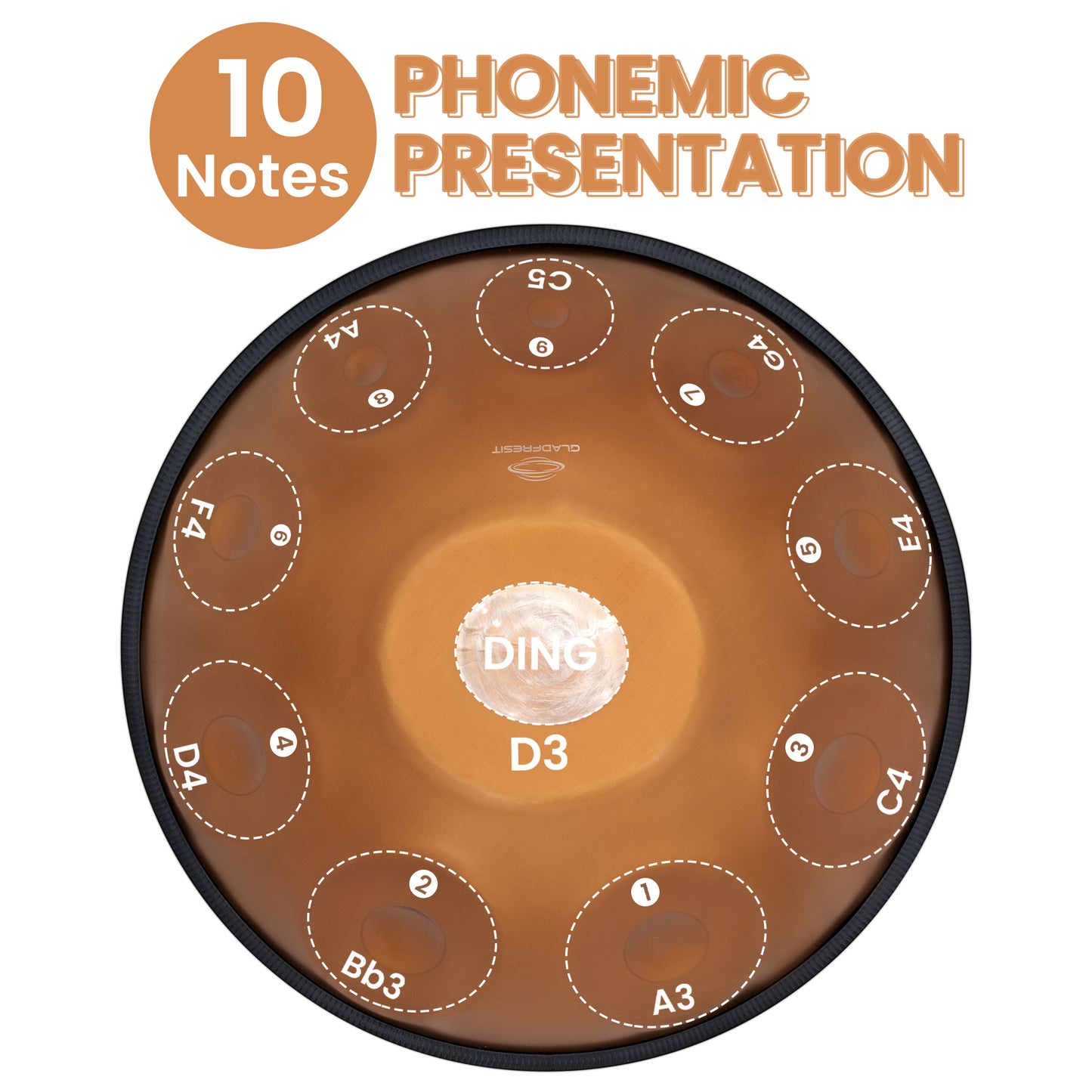 GLADFRESIT Master Series handpan,Gold, 440Hz, 22 inches, 10 notes, D minor Kurd, with backpack, stand, course, cleaning cloth, tuning blow, and woven rope. (Master Series Gold)