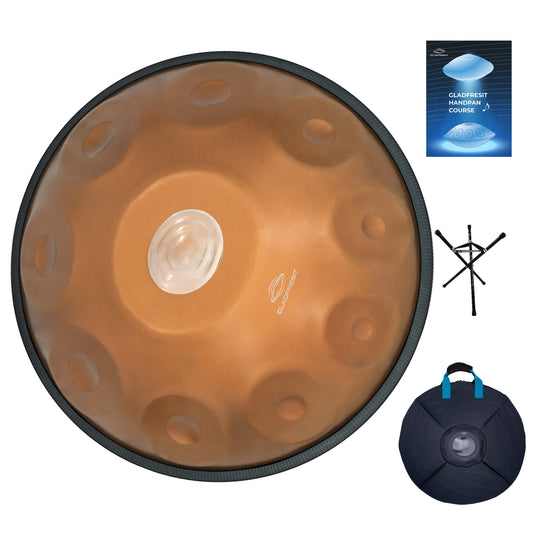GLADFRESIT Master Series handpan,Gold, 440Hz, 22 inches, 10 notes, D minor Kurd, with backpack, stand, course, cleaning cloth, tuning blow, and woven rope. (Master Series Gold)