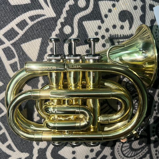 ELSEBAL Standard B Flat Trumpet Cornets. A gold-colored brass student trumpet with accessories.